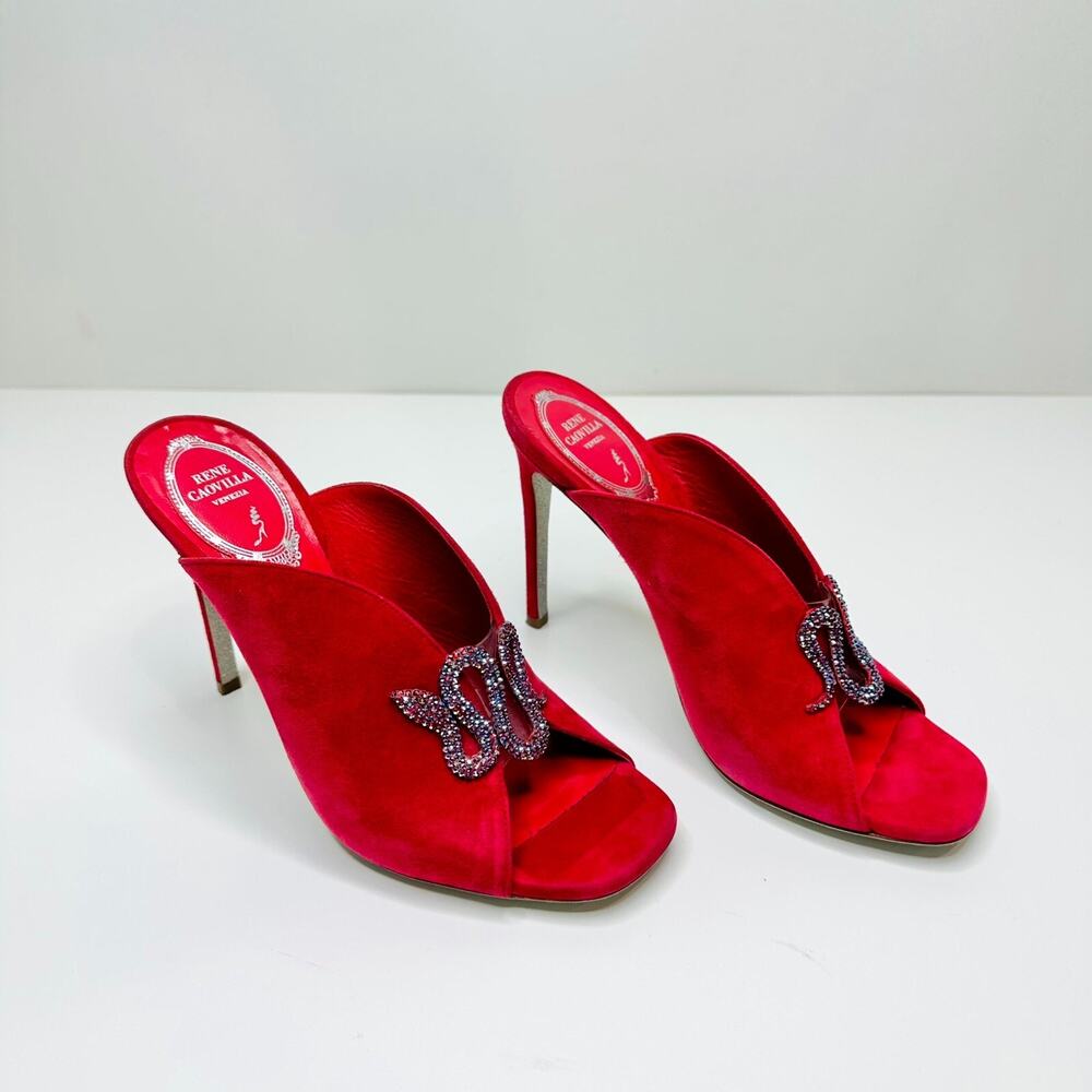 Rene Caovilla Venezia EU 37 US 7 Sandals Red Suede Leather Crystal Snake Mules - Picture 2 of 11